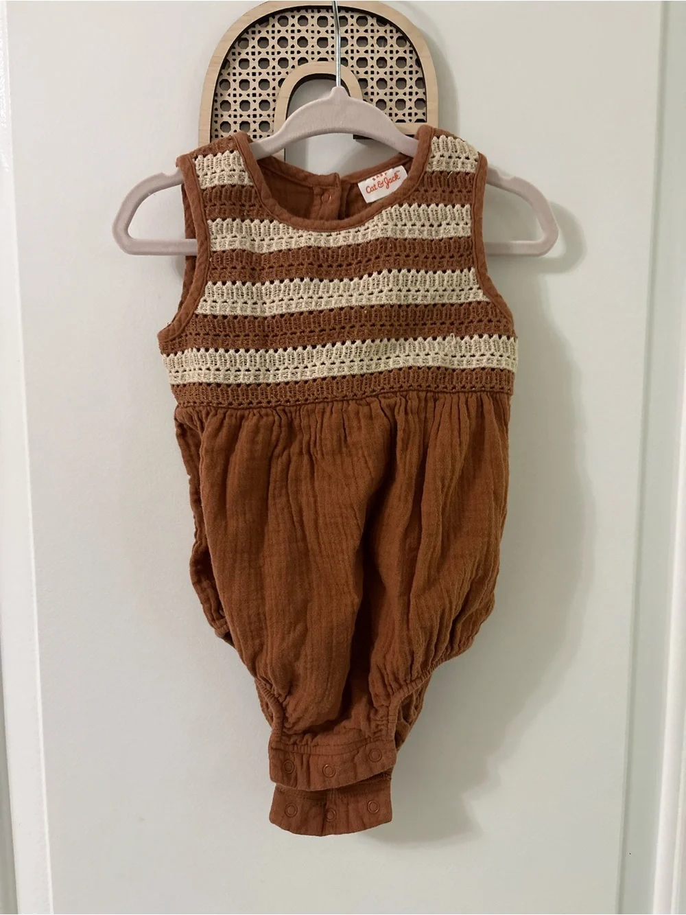 Cat & Jack Brown & Cream Crochet-Trim Baby Romper